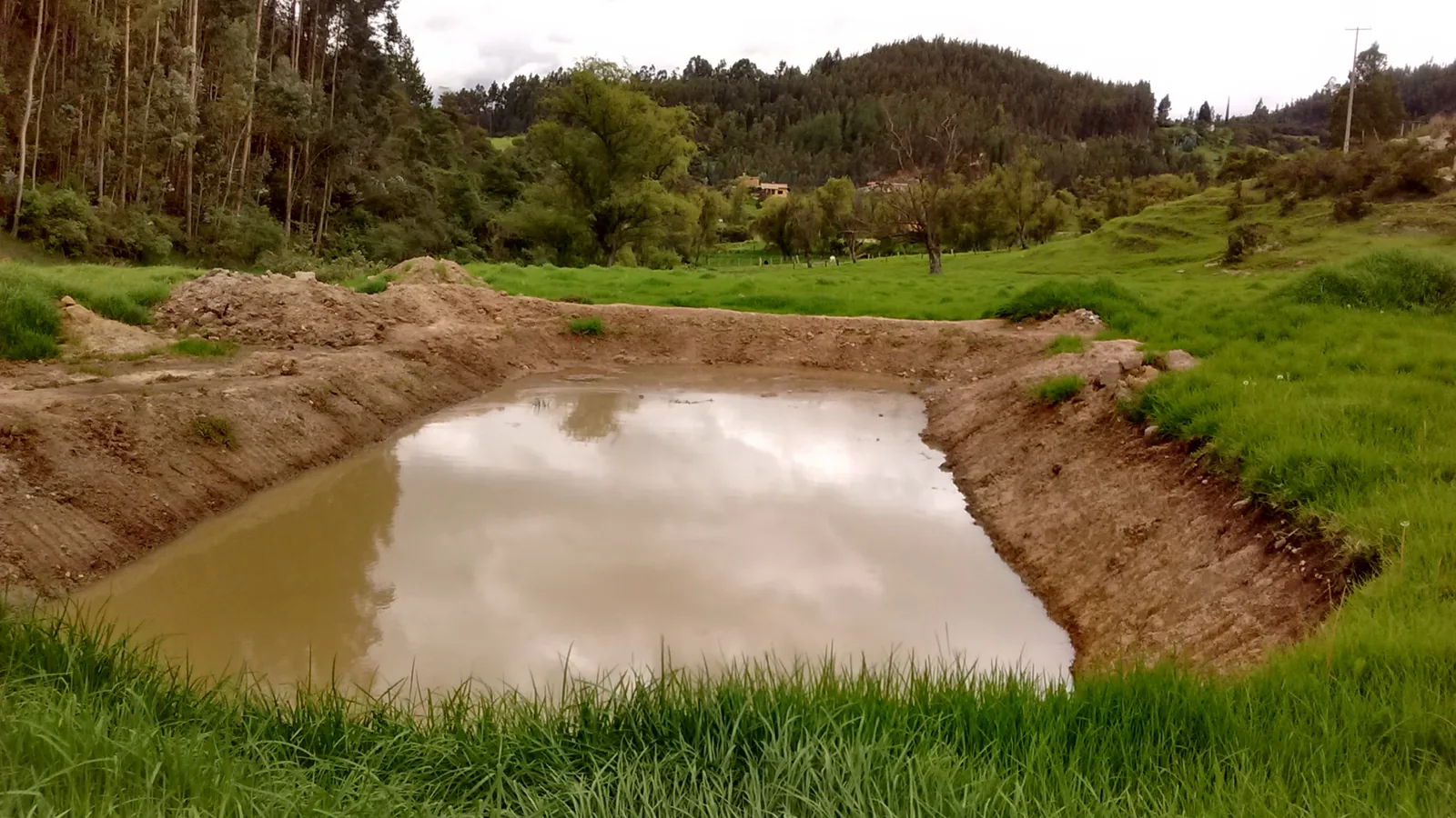 Freshly dug farm pond holding water between bare clay banks